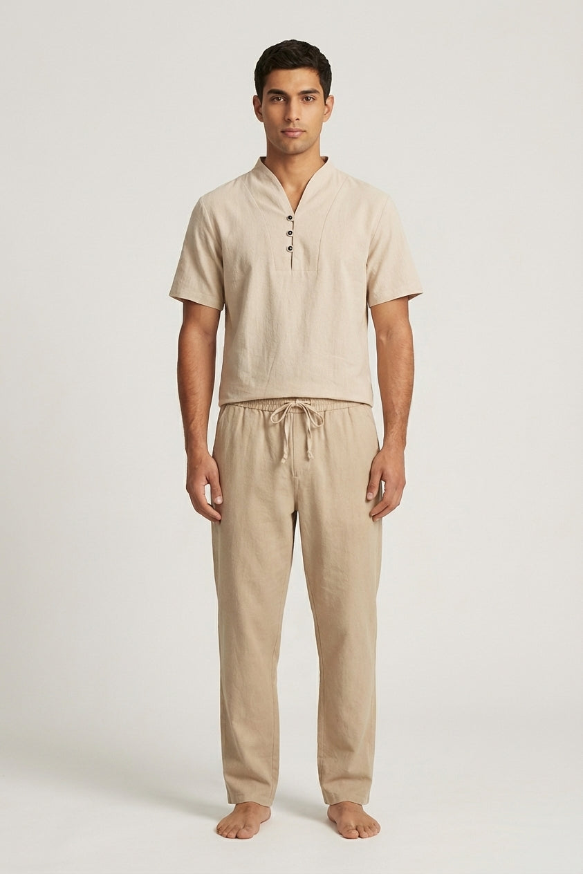 Ensemble homme coton lin été t-shirt col tunisien pantalon à cordon décontracté