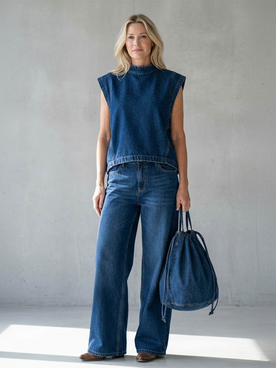 Ensemble femme jean top sans manches col montant pantalon large taille haute