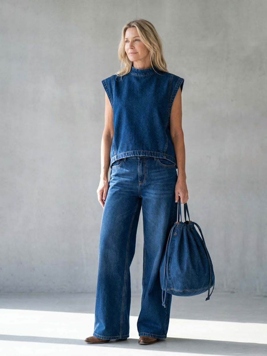 Ensemble femme jean top sans manches col montant pantalon large taille haute