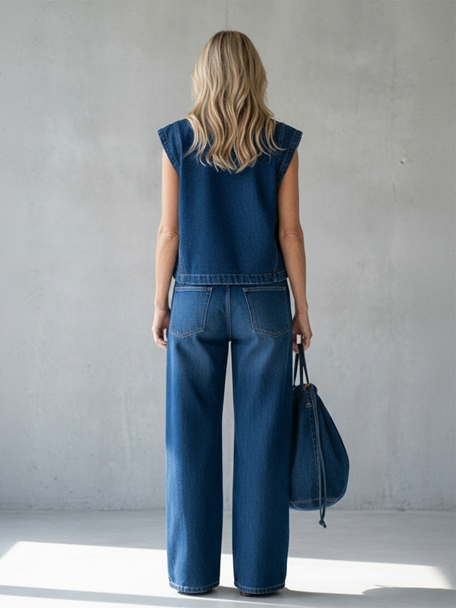 Ensemble femme jean top sans manches col montant pantalon large taille haute