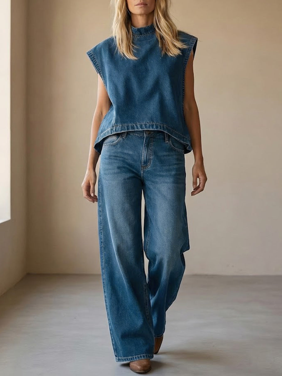 Ensemble femme jean top sans manches col montant pantalon large taille haute