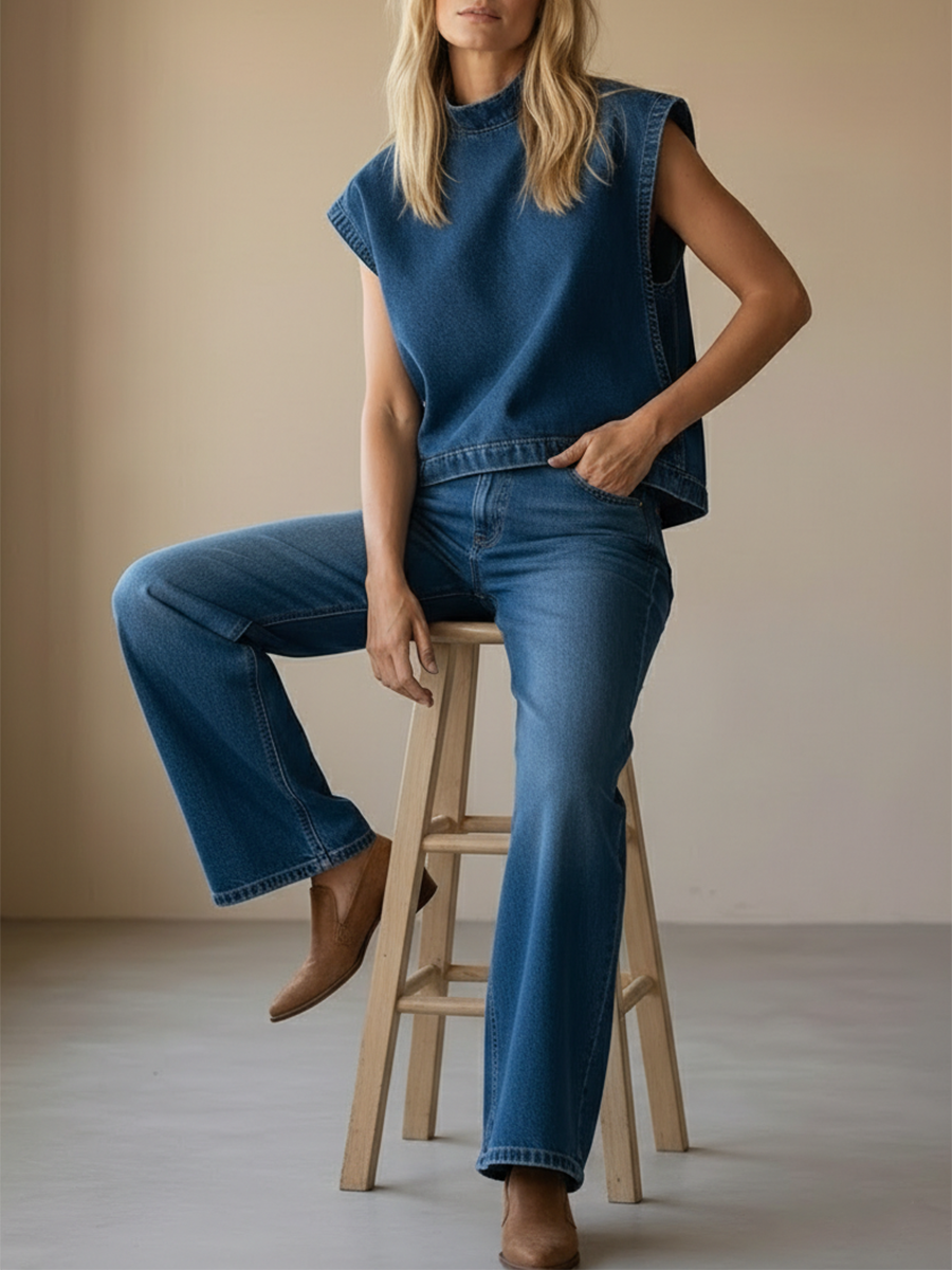 Ensemble femme jean top sans manches col montant pantalon large taille haute