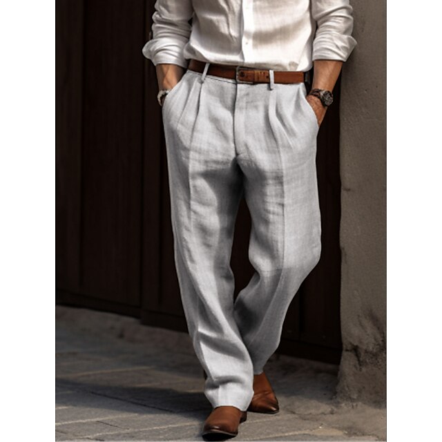 Pantalon homme lin coupe large taille haute plis style habillé décontracté