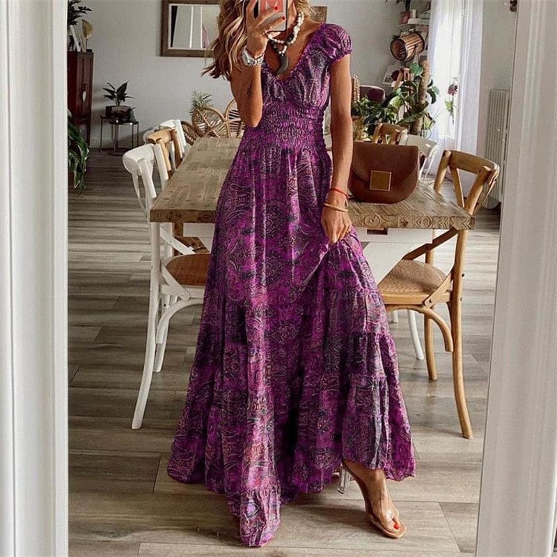 Robe longue bohème femme imprimé manches courtes taille smockée col V