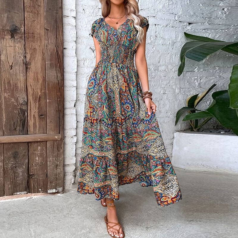 Robe longue bohème femme imprimé manches courtes taille smockée col V