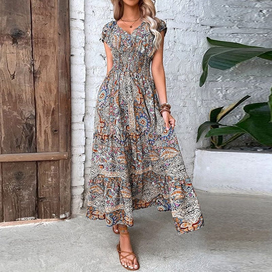 Robe longue bohème femme imprimé manches courtes taille smockée col V