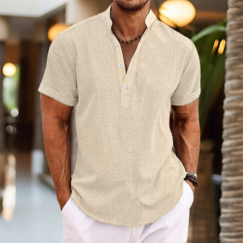 Chemise homme manches courtes col mao légère boutonnée coupe décontractée