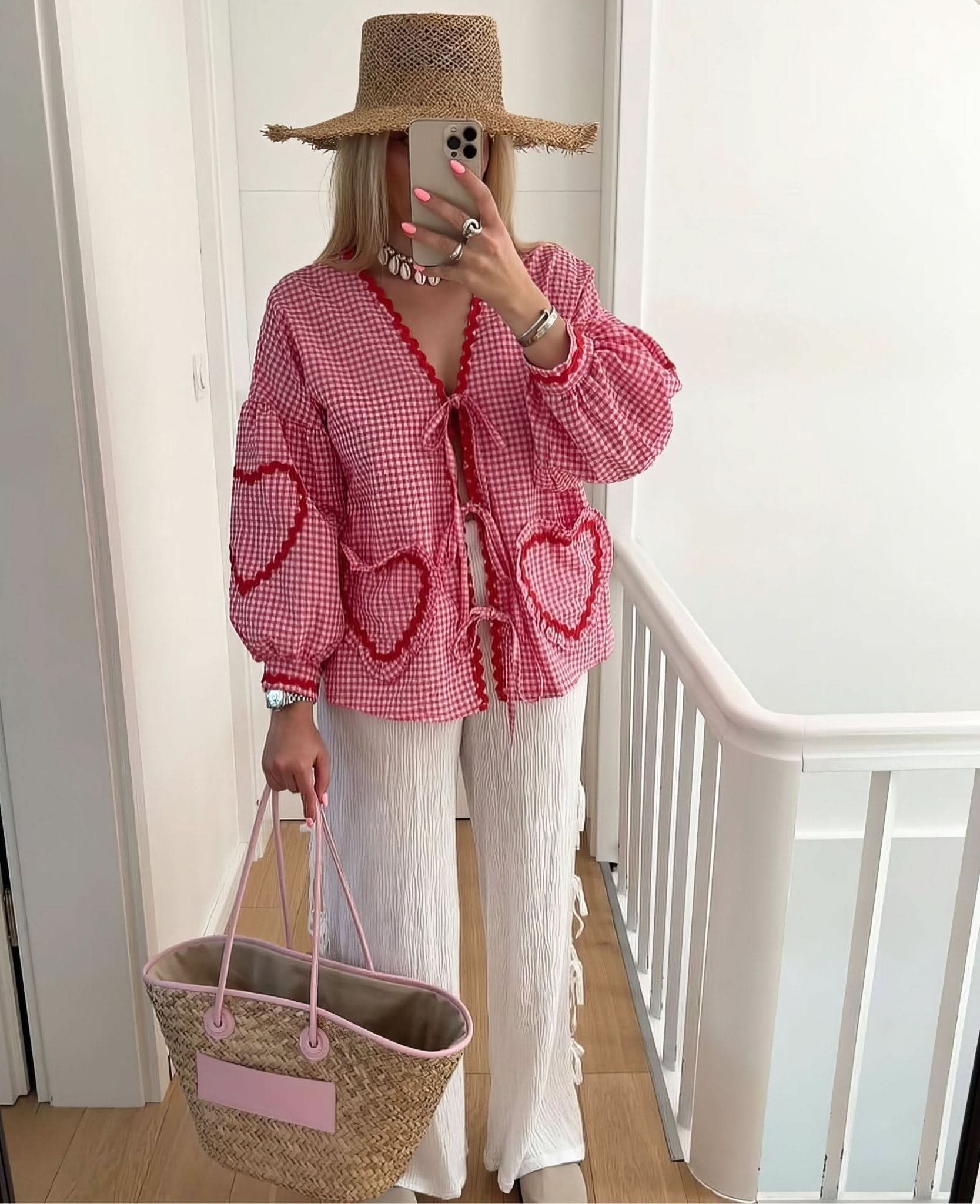 Blouse femme vichy col V à nouer manches longues oversize style bohème