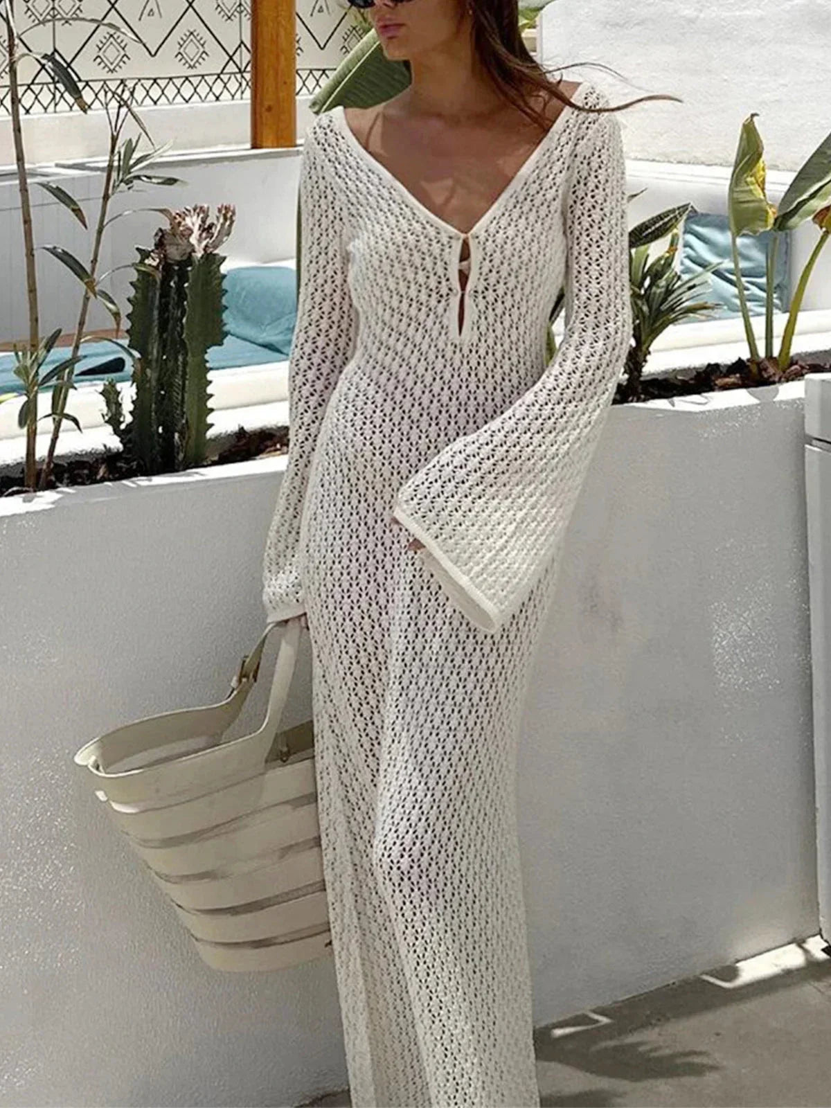 Robe longue crochet femme col V manches longues ajourées moulante plage