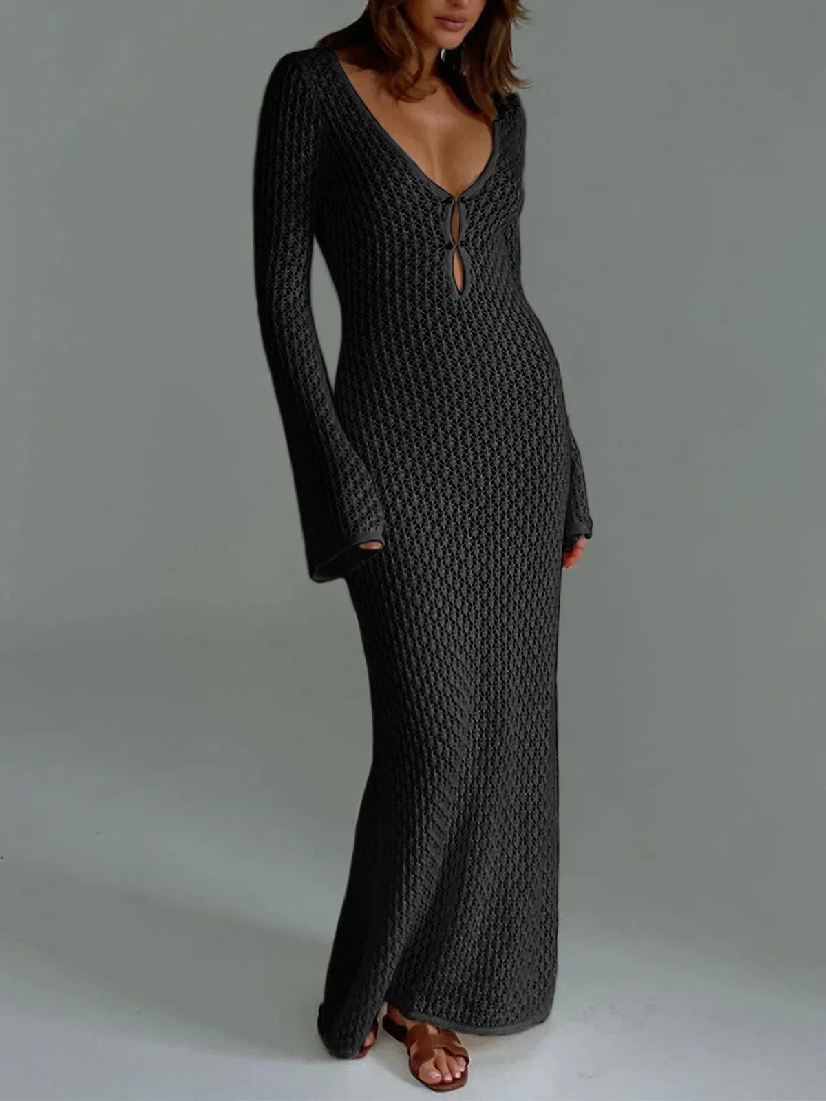 Robe longue crochet femme col V manches longues ajourées moulante plage