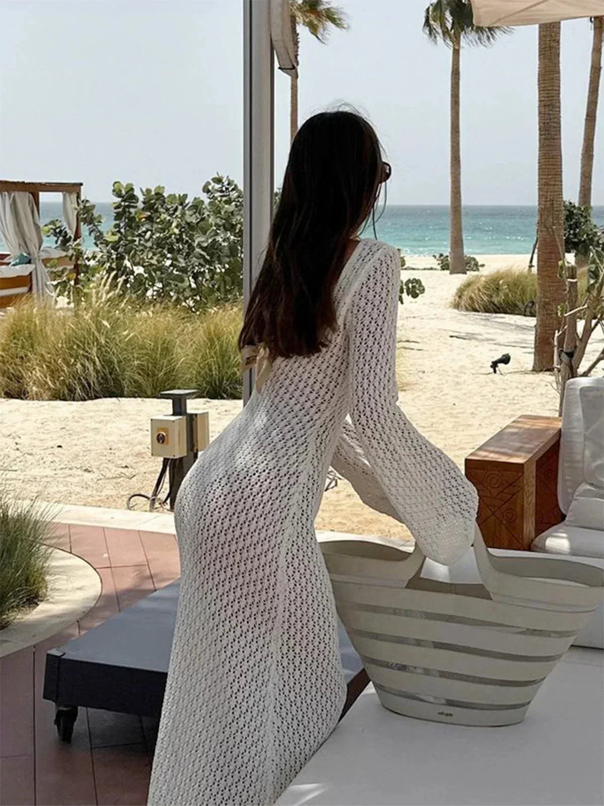 Robe longue crochet femme col V manches longues ajourées moulante plage