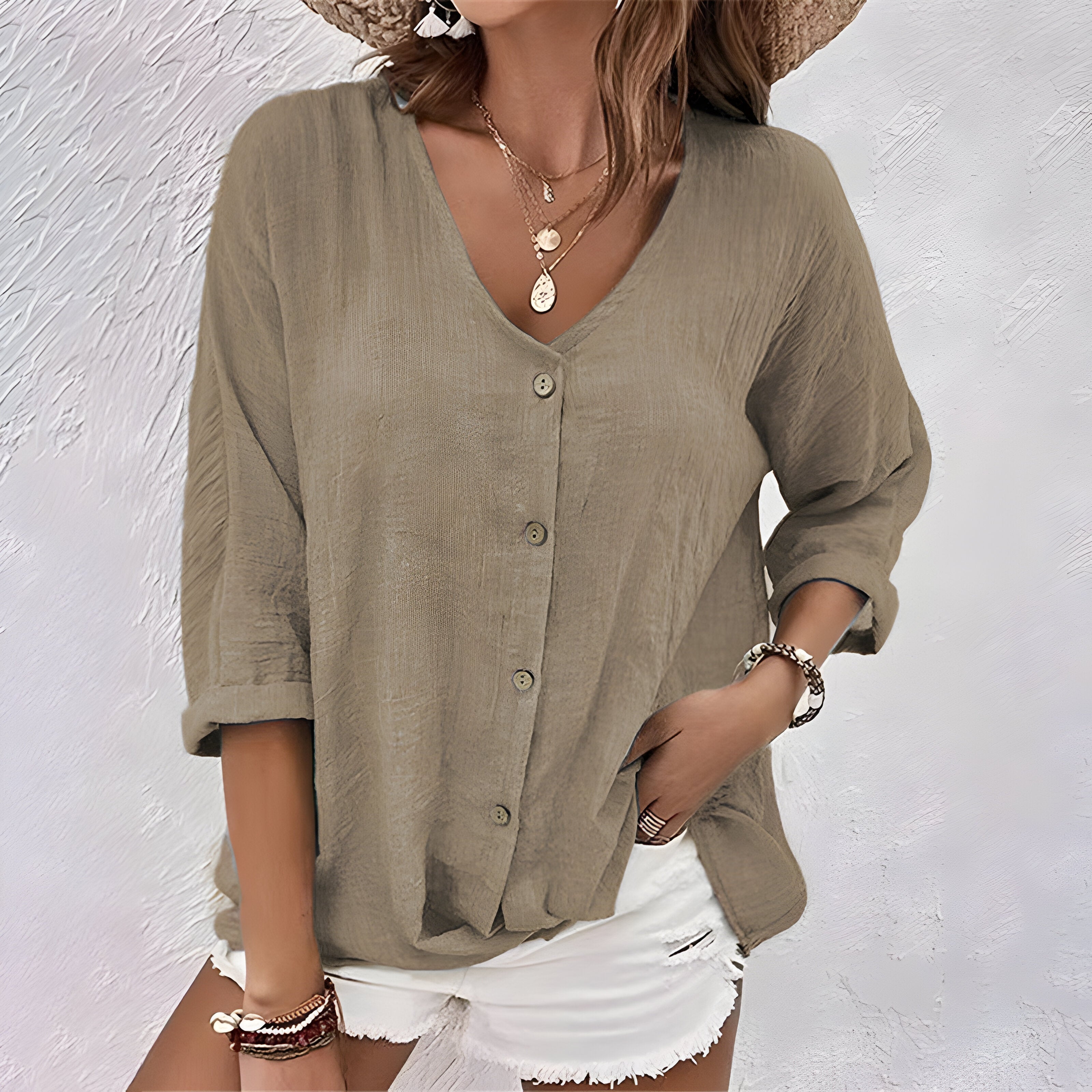 Chemisier femme lin coton boutonné col V manches 3/4 ample casual été