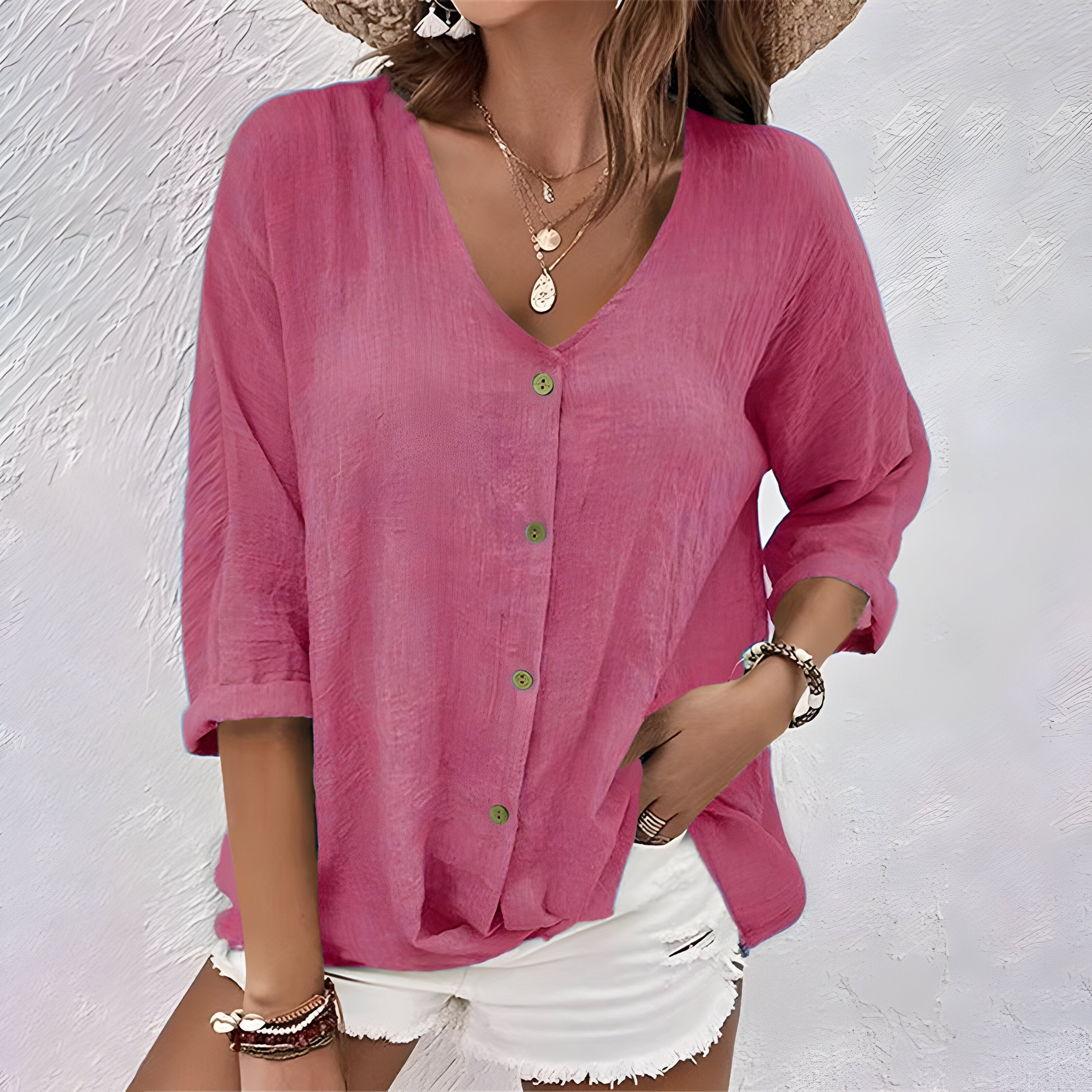 Chemisier femme lin coton boutonné col V manches 3/4 ample casual été