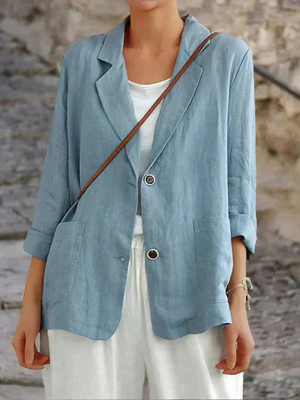 Blazer femme en lin col tailleur manches 3/4 coupe ample