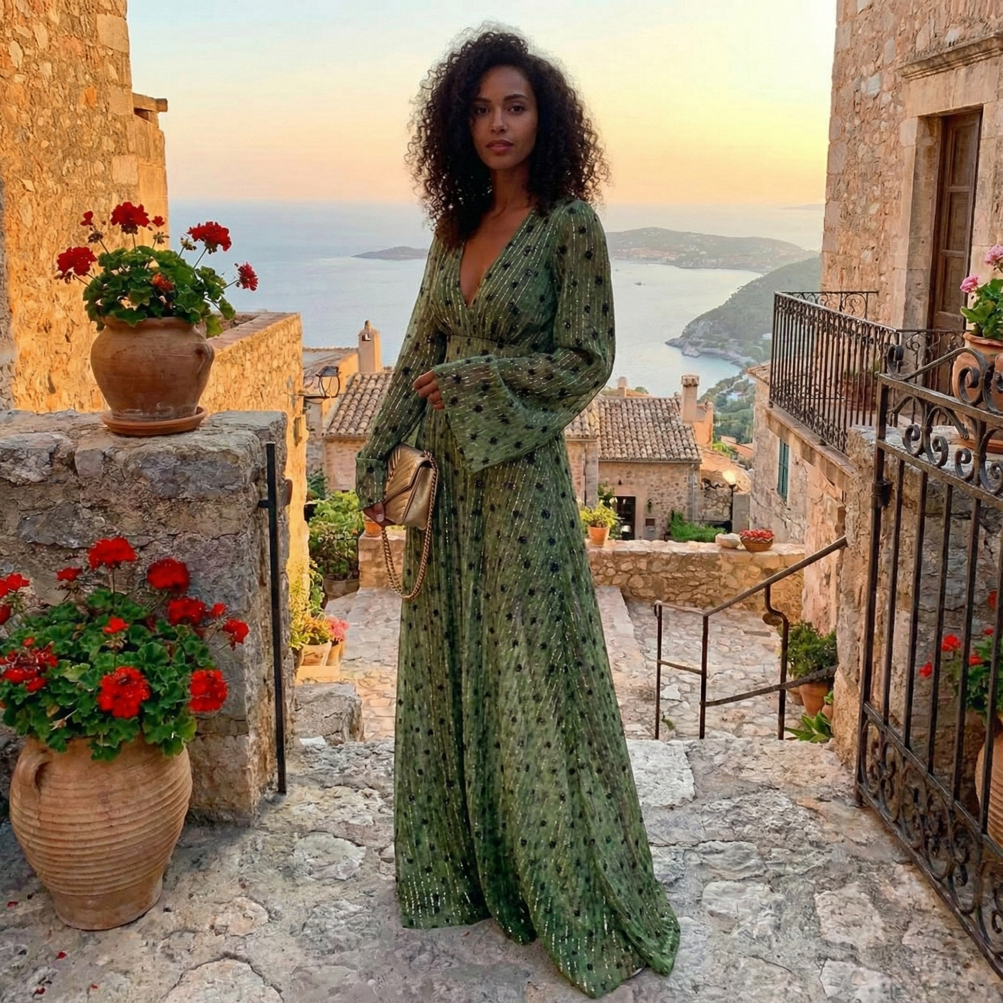 Robe longue femme à pois avec col V plongeant et manches longues fluides