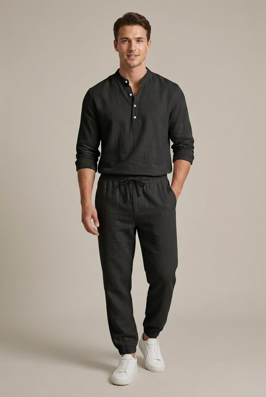 Ensemble lin homme 2 pièces col mao manches longues été