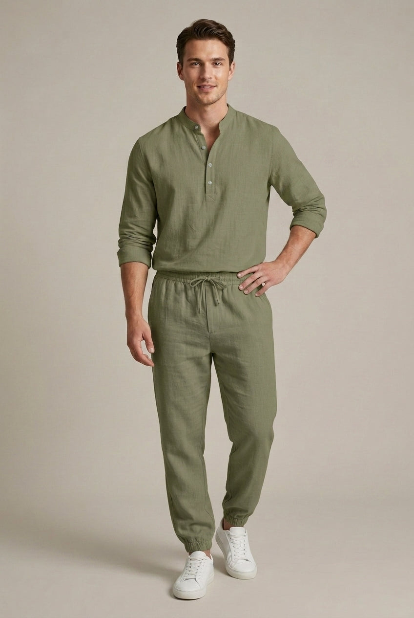 Ensemble lin homme 2 pièces col mao manches longues été