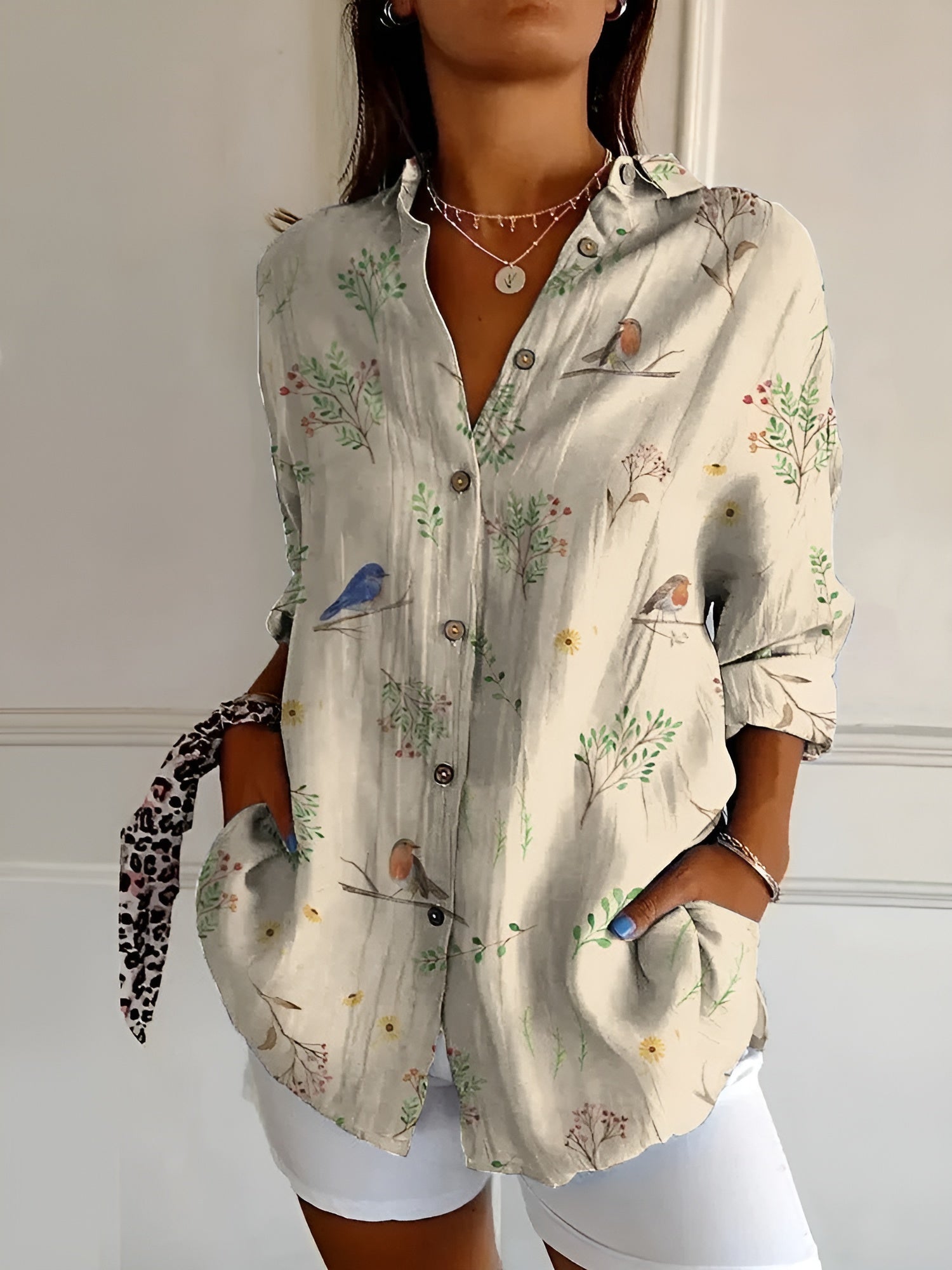 Chemise femme imprimé floral manches longues boutonnée blouse fluide ample été