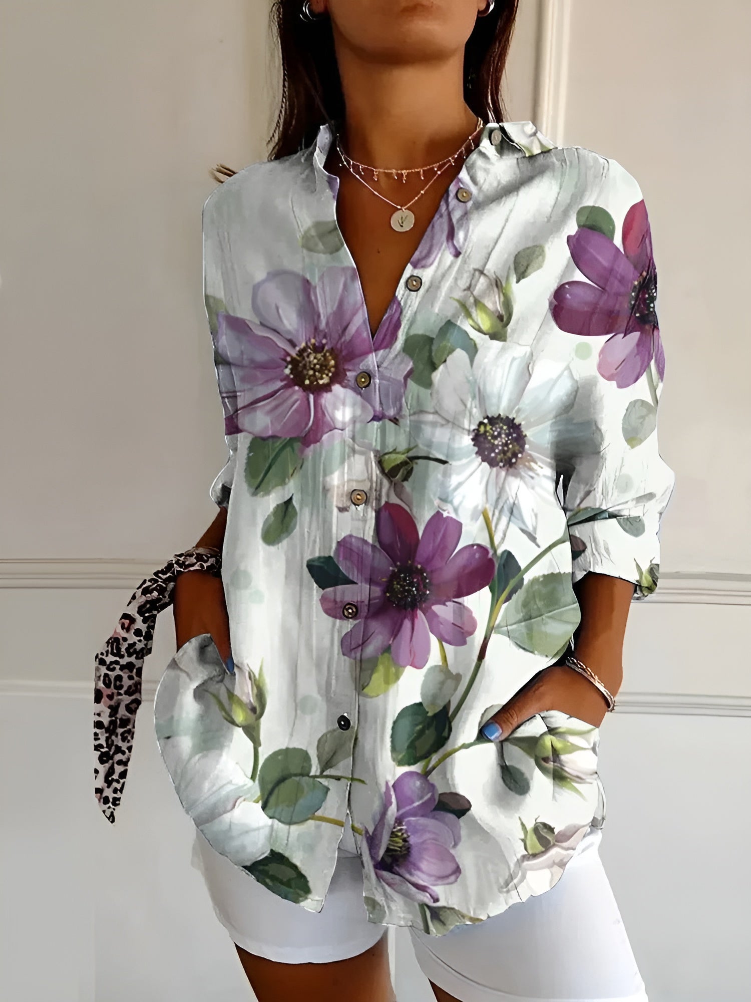 Chemise femme imprimé floral manches longues boutonnée blouse fluide ample été