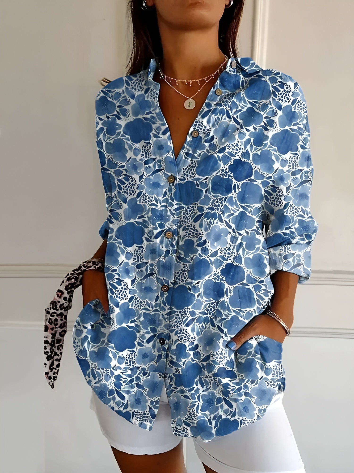 Chemise femme imprimé floral manches longues boutonnée blouse fluide ample été