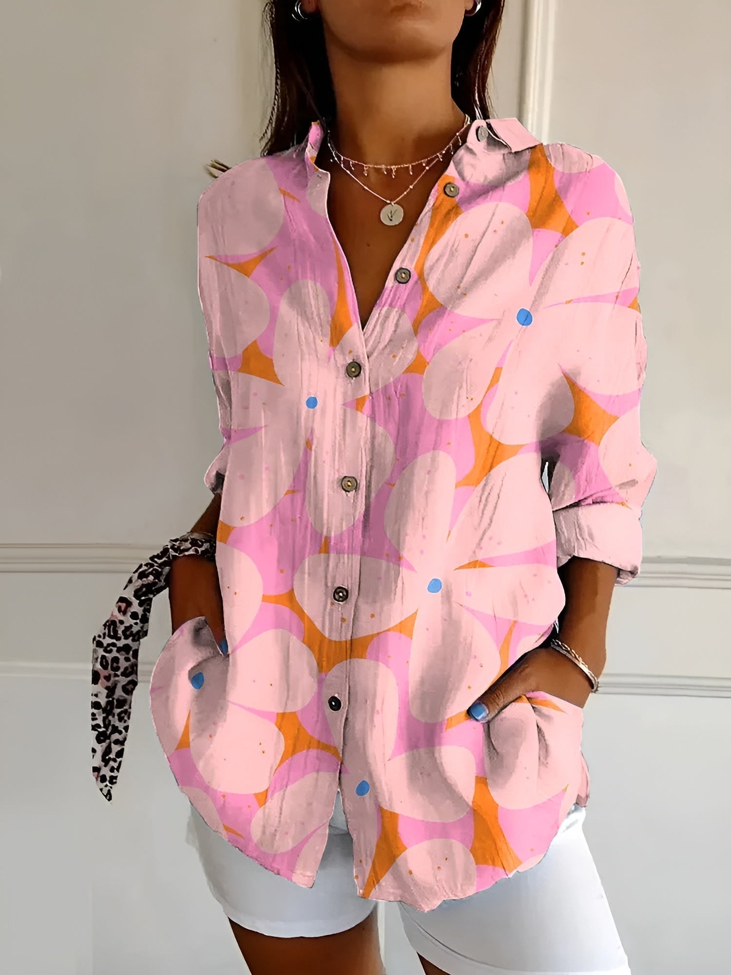 Chemise femme imprimé floral manches longues boutonnée blouse fluide ample été