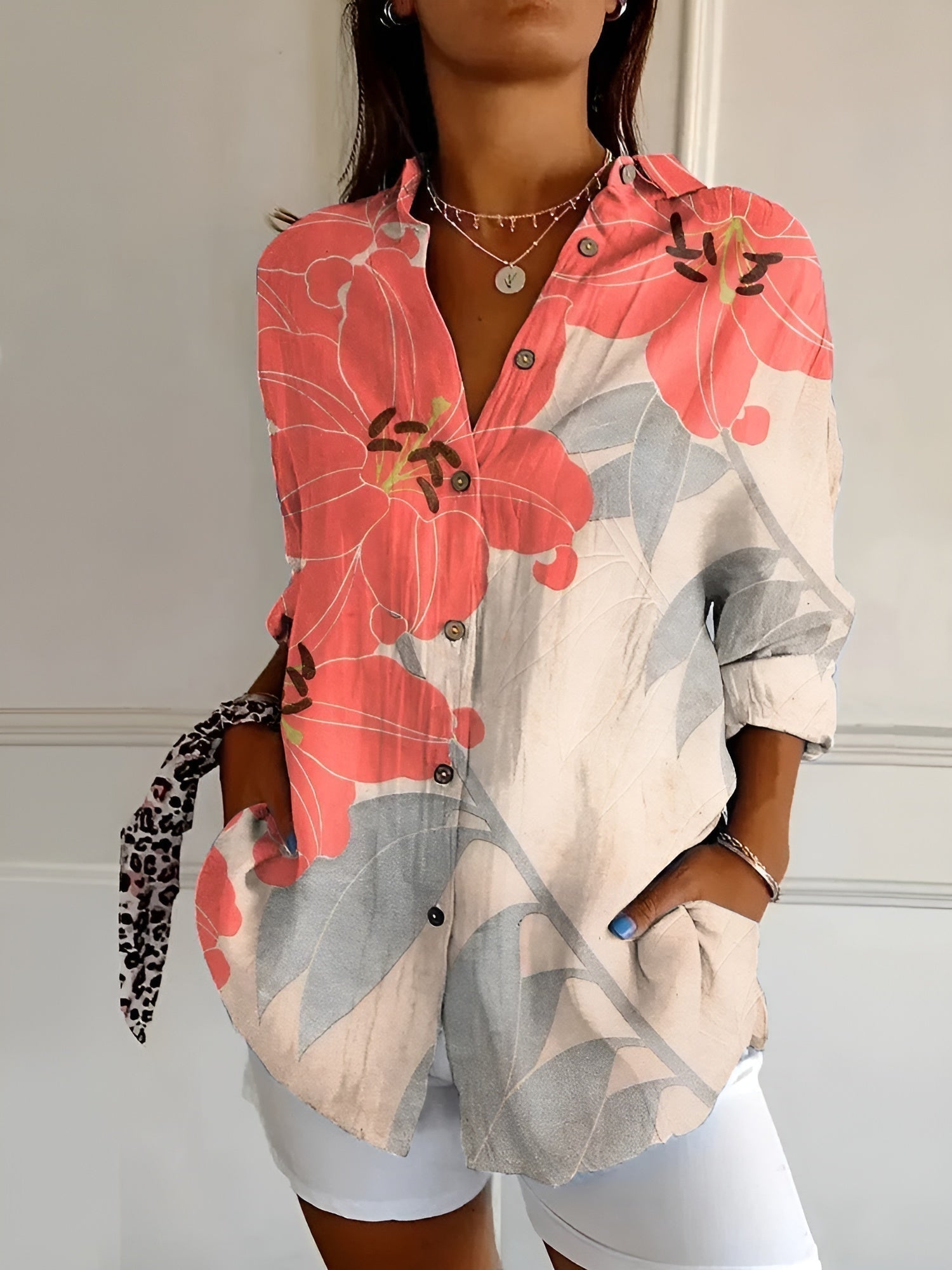 Chemise femme imprimé floral manches longues boutonnée blouse fluide ample été