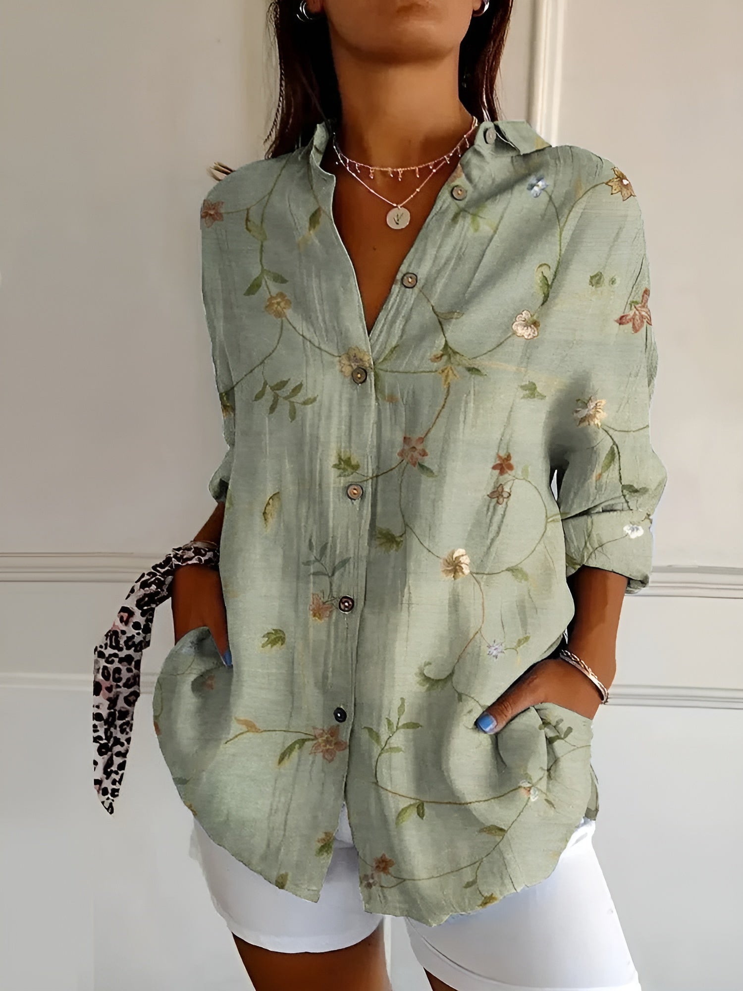 Chemise femme imprimé floral manches longues boutonnée blouse fluide ample été