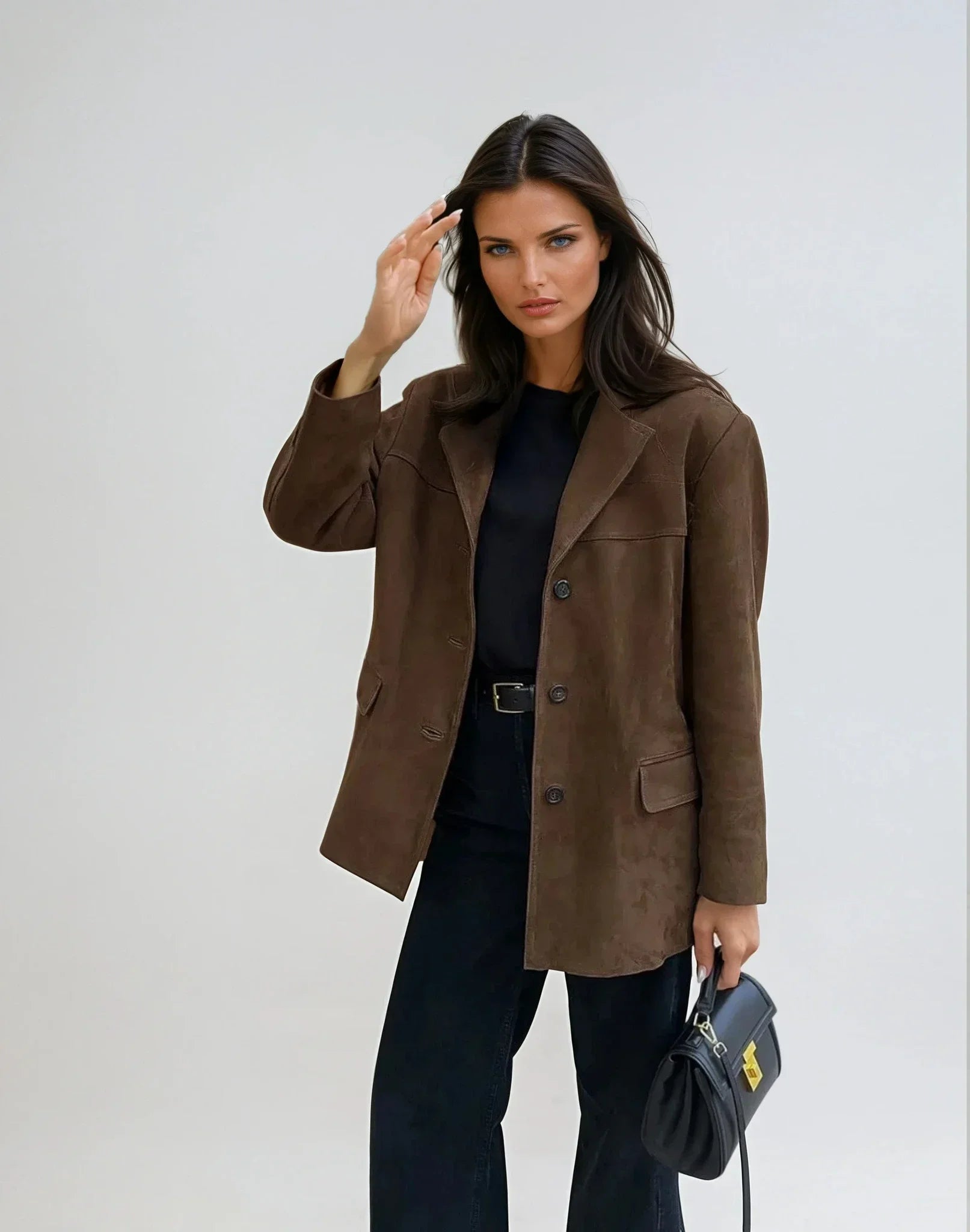 Blazer femme suédine coupe droite veste blazer longue à boutons avec poches