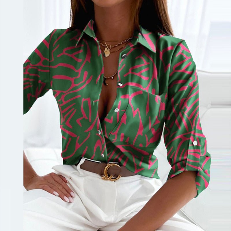 Chemisier femme imprimé géométrique col chemise manches longues boutonné