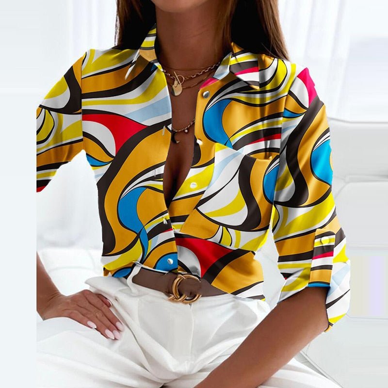 Chemisier femme imprimé géométrique col chemise manches longues boutonné
