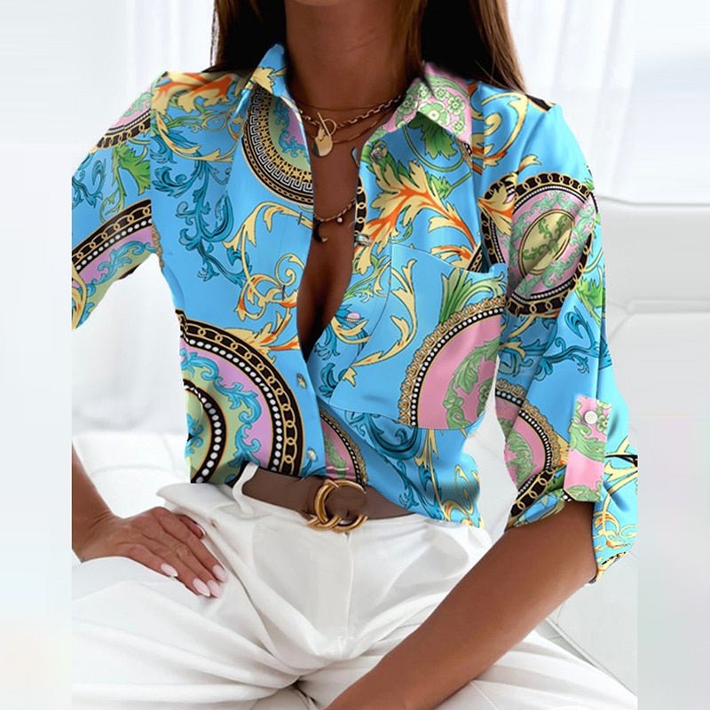 Chemisier femme imprimé géométrique col chemise manches longues boutonné
