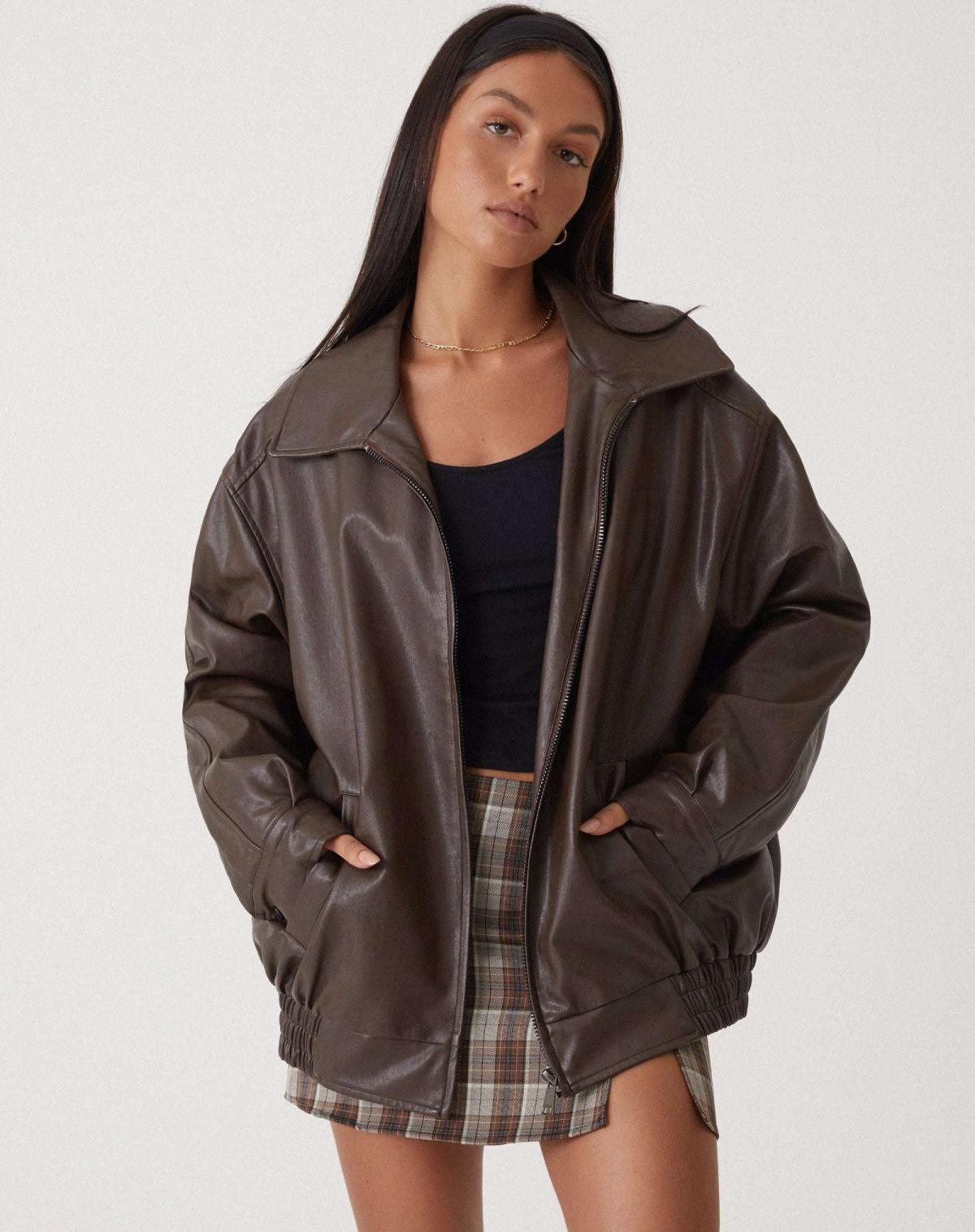 Veste bomber femme simili cuir oversize zip manches longues col large casual