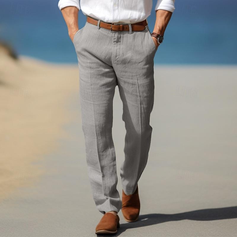 Pantalon homme en lin coupe droite avec passants de ceinture et poches latérales