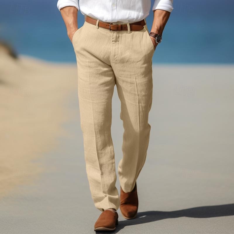 Pantalon homme en lin coupe droite avec passants de ceinture et poches latérales