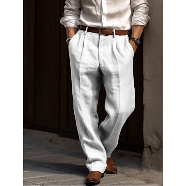 Pantalon homme lin coupe large taille haute plis style habillé décontracté